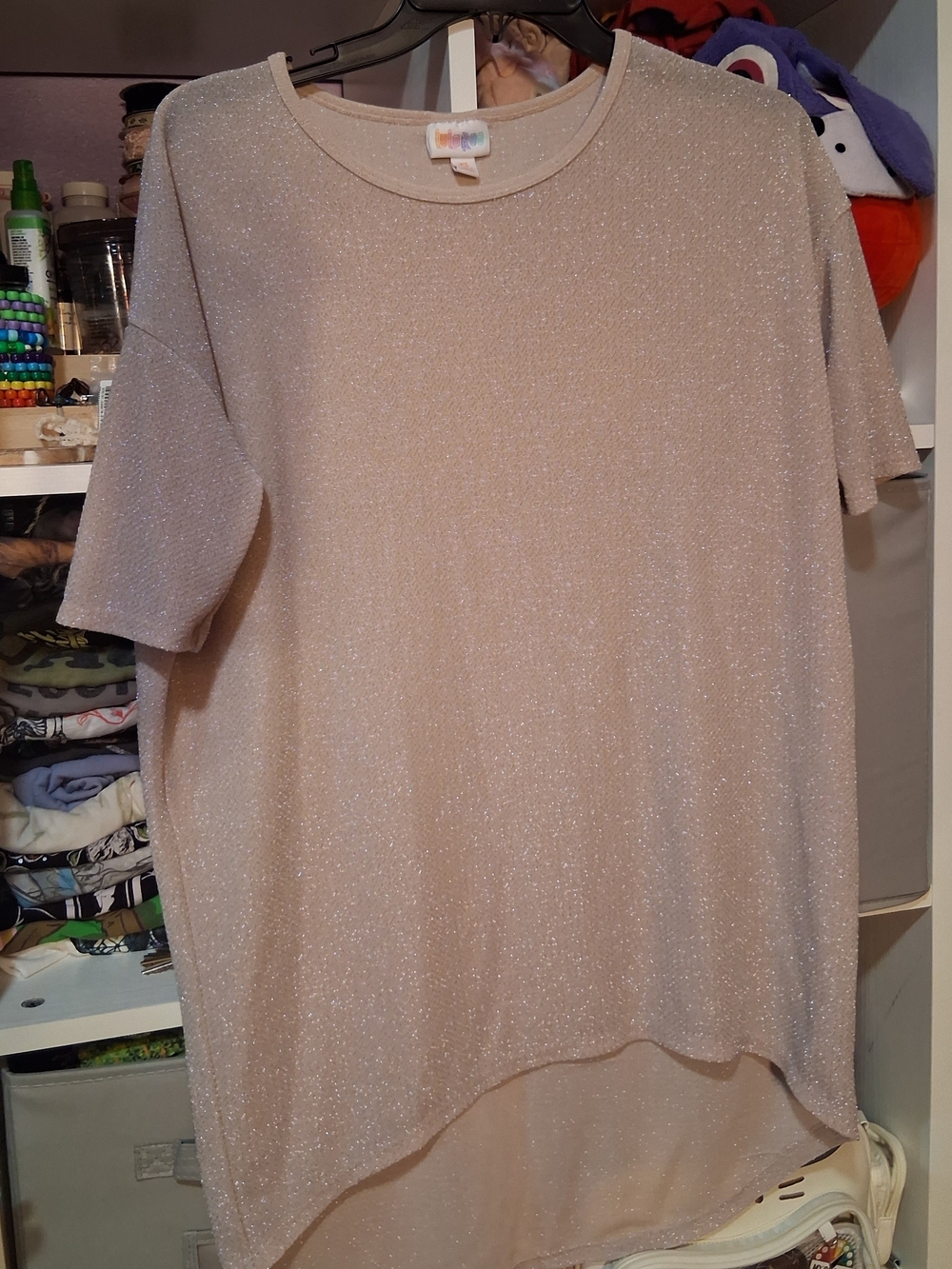LuLaRoe Sparkle Short Sleeve High-Low Tunic in Light Beige